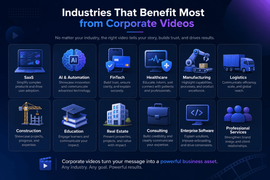 Infographic showcasing the top industries that benefit from corporate videos, including SaaS, AI & Automation, FinTech, Healthcare, Manufacturing, Logistics, Construction, Education, Real Estate, Consulting, Enterprise Software, and Professional Services.